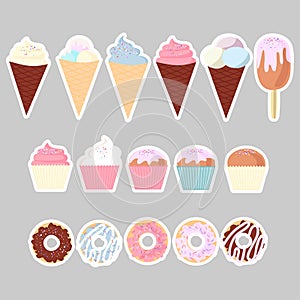 Set of colorful delicious cupcakes, cakes, desserts, ice cream and donuts. Cupcake icons, flat style. Vector. elements for new