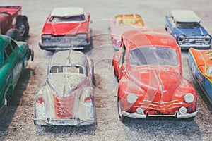 Set of colorful different vintage toy cars