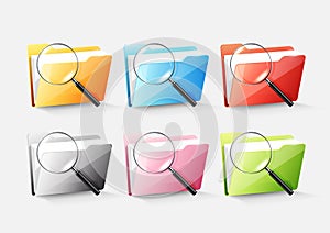 Set of colorful document file folder directory icon and magnified glass on white grey, transparent vector