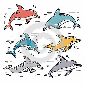 Set colorful dolphins jumping playing underwater. Handdrawn style dolphins, distinct color dynamic photo