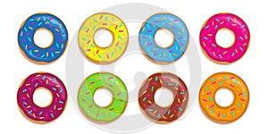 Set of colorful donuts with different glazes and sugar sprinkles