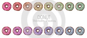 Set of colorful donuts glazed. Watercolor illustration.