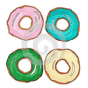 Set of colorful donuts isolated on white background. Hand drawn sketch