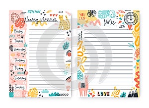 Set of colorful doodle weekly planner and notes template with place for text vector flat illustration. Cute plan, list