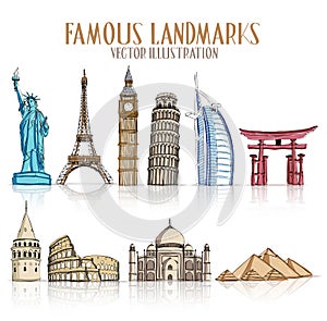 Set of Colorful Drawing of Famous and Popular Landmarks