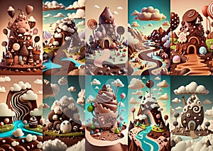Set of colorful dreamlike chocolate lands with sweet rivers and white clouds
