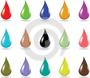 Set of 15 colorful droplets on white background