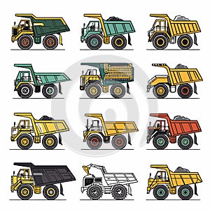 Set colorful dump trucks various designs. Industrial mining equipment loads illustrated. Heavy photo