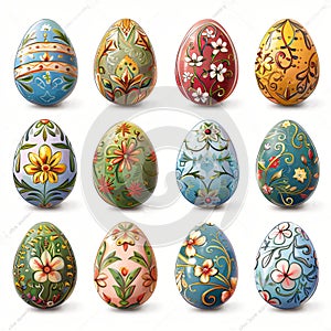 Set of colorful easter eggs with floral ornaments isolated on white background