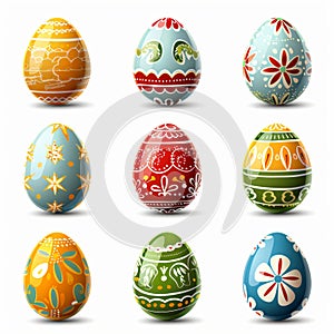 Set of colorful easter eggs with floral ornaments isolated on white background