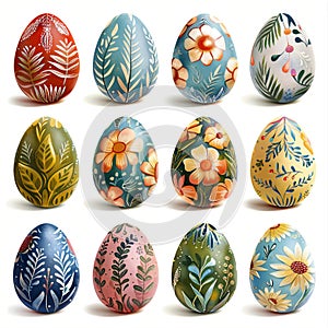 Set of colorful easter eggs with floral ornaments isolated on white background