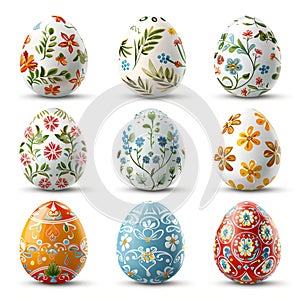 Set of colorful easter eggs with floral ornaments isolated on white background