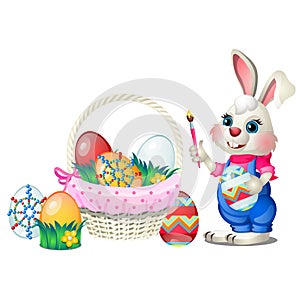 Set of colorful Easter eggs with patterns and funny animated bunny holds in paws brush isolated on white background