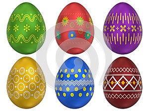 The set of 6 colorful Easter eggs on white background. 3d render