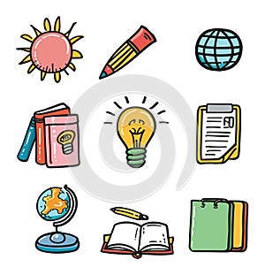 Set of colorful education icons including sun, pencil, globe, books, light bulb, clipboard, world map, open book