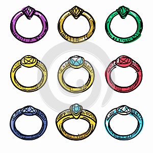 Set colorful engagement rings, different gemstones. Cartoon style jewelry, isolated white