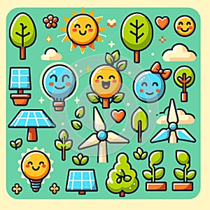 Set of colorful enviromental icons with playful details.
