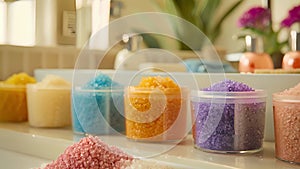 A set of colorful exfoliating scrubs are tered across a bathroom counter each tailored to different skin types and