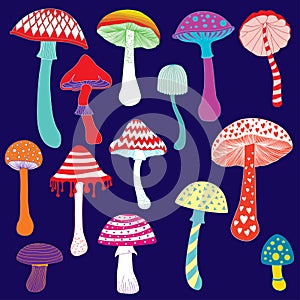 Set of colorful fantasy mushrooms illustration