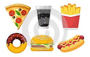 Set of colorful fast food icons for web sites and apps, pizza, soda, French fries, donut, hamburger, Hot Dog isolated on