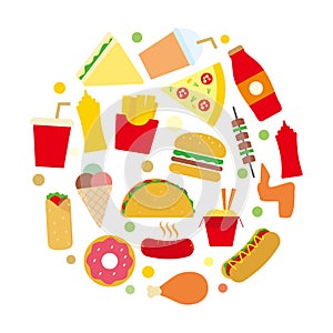 Set of colorful fast food vector illustration in round