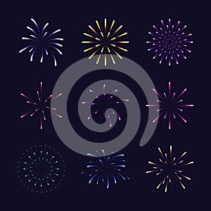 Set of colorful fireworks different style. Design element for new year festival and celebrations.