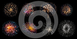 set of colorful fireworks on a night sky black background, festive sparkles explosion isolated on a black background, holyday