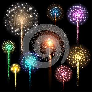 Set of colorful fireworks. Vector illustration.