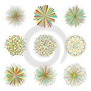 Set of colorful fireworks on white background, vector