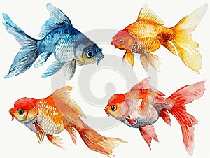 set of colorful fish in watercolor style so white background