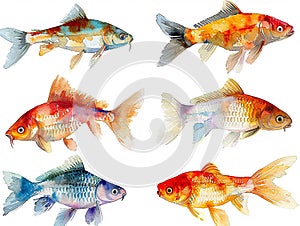 set of colorful fish in watercolor style so white background