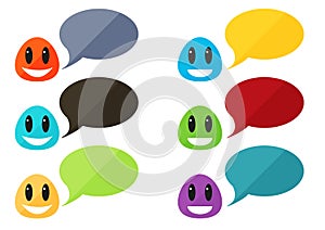 Set of 6 colorful flat monsters with speech bubbles