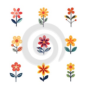 Set of colorful flowers isolated on white background.