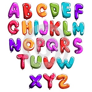 Set of colorful font in form balloons. Children`s English alphabet. Letters from A to Z. ABC concept. Flat vector design