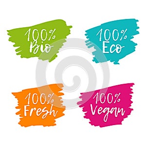 Set of colorful food badges. 100% bio on white background
