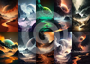 Set of colorful foreign alien planets landscape