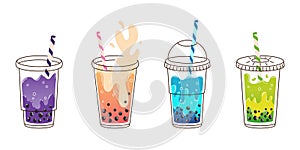 Set colorful four glasses of bubble milk tea with sticks and tapioca in flat style isolated on white background.