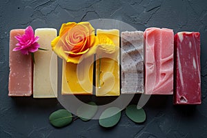 A set of colorful, fragrant soaps arranged beautifully, enhancing the bathroom atmosphere with cleanliness and charm
