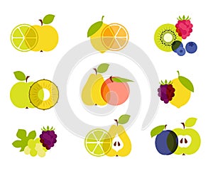 Set of colorful fruit icons isolated on white background