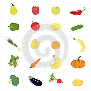 Set of colorful fruits and vegetables.