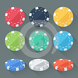 Set of colorful gambling chips, casino tokens . Flat style with long shadows. Modern trendy design.