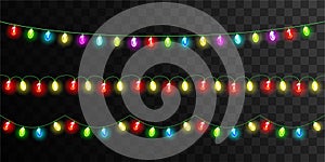 Set of colorful garland, festive decorations. Glowing christmas lights on dark background