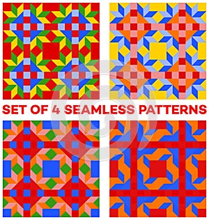 Set of 4 colorful geometric seamless patterns with rhombus, triangles and squares of blue, green, orange, yellow and red shades