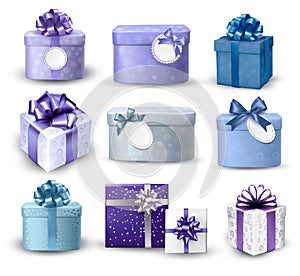 Set of colorful gift boxes with bows and ribbons.