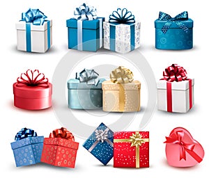 Set of colorful gift boxes with bows and ribbons.