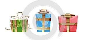 Set of colorful gift boxes with golden ribbons