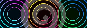 Set of colorful glowing neon lighting circles frame design pattern retro style on dark background