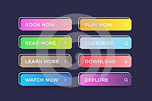 Set of colorful gradient with white outline clean vector style buttons with modern material. Different icons on dark blue forms