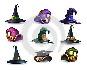 Set of colorful halloween hat and witch cap icons.