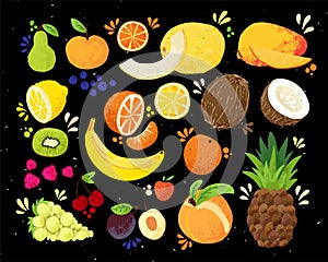 Set of colorful hand draw fruits tropical sweet fruits, and citrus fruit illustration. Apple, pear, orange, banana